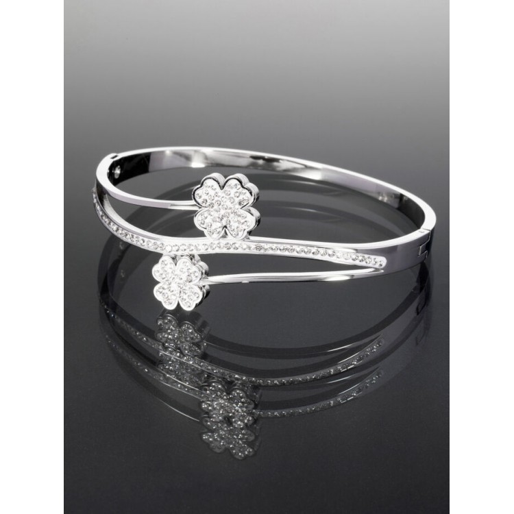 Prosperk Pevný náramek z chirurgické oceli se čtyřlístky s čirými krystaly S3783