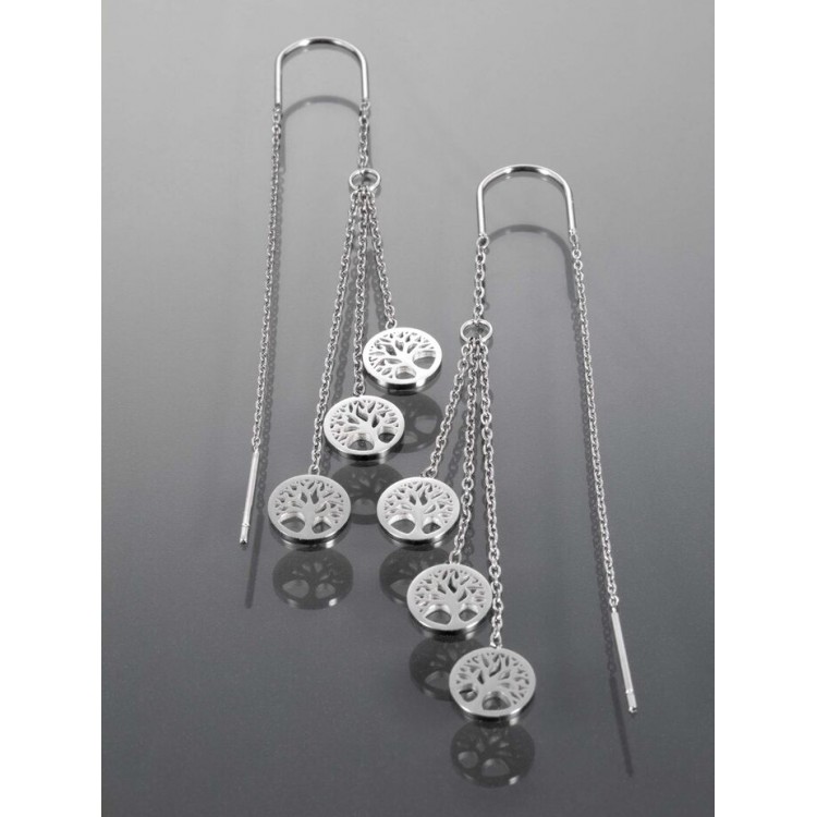 Prosperk Elegantní řetízkov náušnice z leštěné chirurgické oceli s kruhovým přívěsky s motivy stromu života S3899