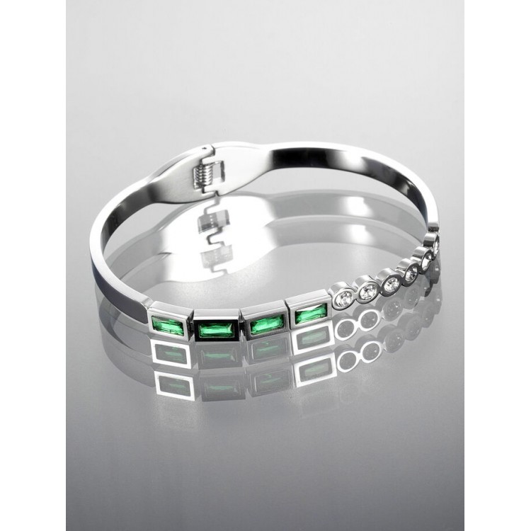 Prosperk Pevný náramek z chirurgické oceli se zelenými krystalky stříbrná S4120