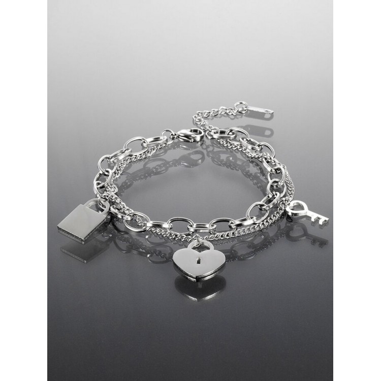 Prosperk Náramek z chirurgické oceli se srdíčky a zámečkem S4549