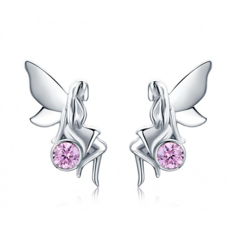 Prosperk Stříbrné náušnice pecky víla s růžovým krystalkem S4608