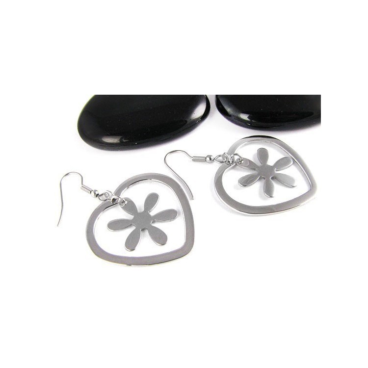 Prosperk Náušnice ocelové srdce s květinou S4754