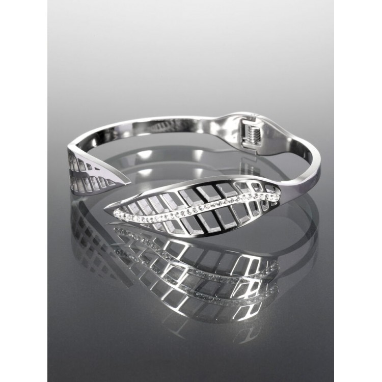 Prosperk Pevný náramek z chirurgické oceli s motivem listů a čirými krystaly S5353