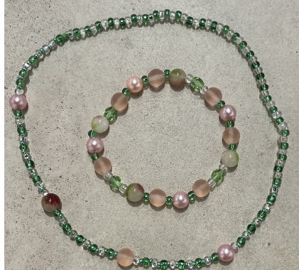 Designlink Set náhrdelník a náramek z korálků zeleno-bílý