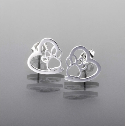 Prosperk Vtipné náušnice z leštěné chirurgické oceli stříbrné barvy, srdíčko s tlapkou stříbrná