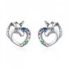 Stříbrné náušnice jednorožec v srdci - barevné zirkony