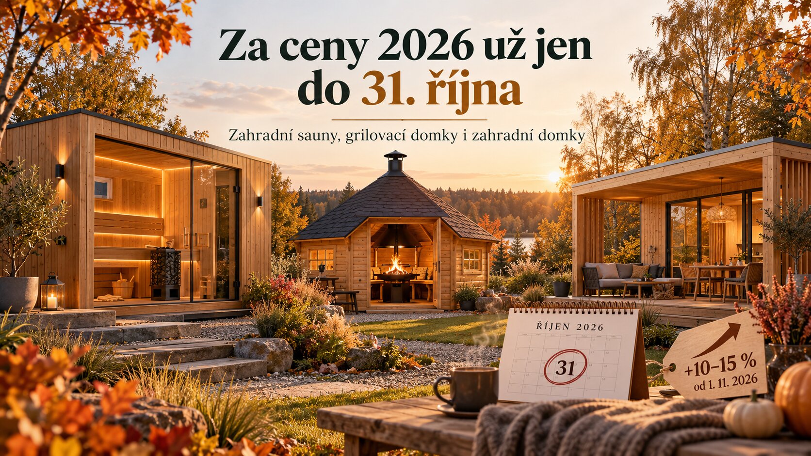 Chceš zahradní saunu, grilovací domek nebo zahradní domek za ceny 2026? Objednej do 31. října