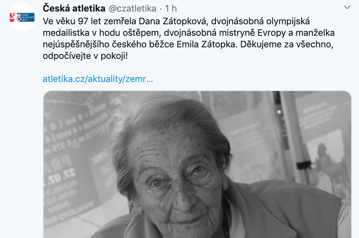 Samé špatné zprávy: Zemřela Dana Zátopková