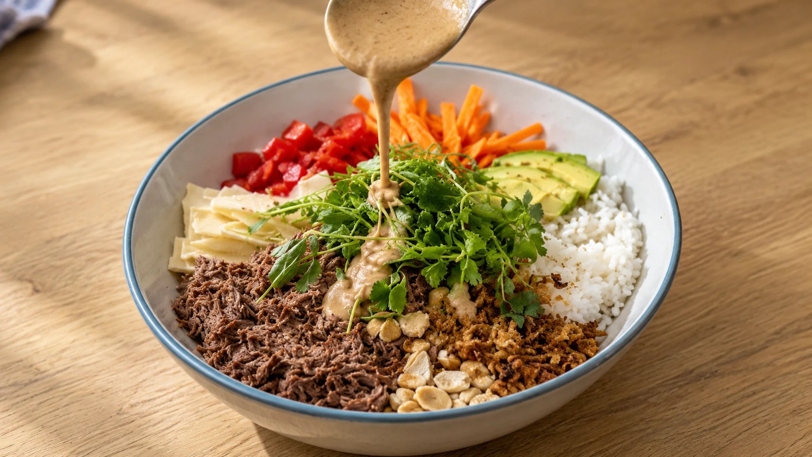 Rýžová bowl s trhaným masem a proteinovou BBQ omáčkou