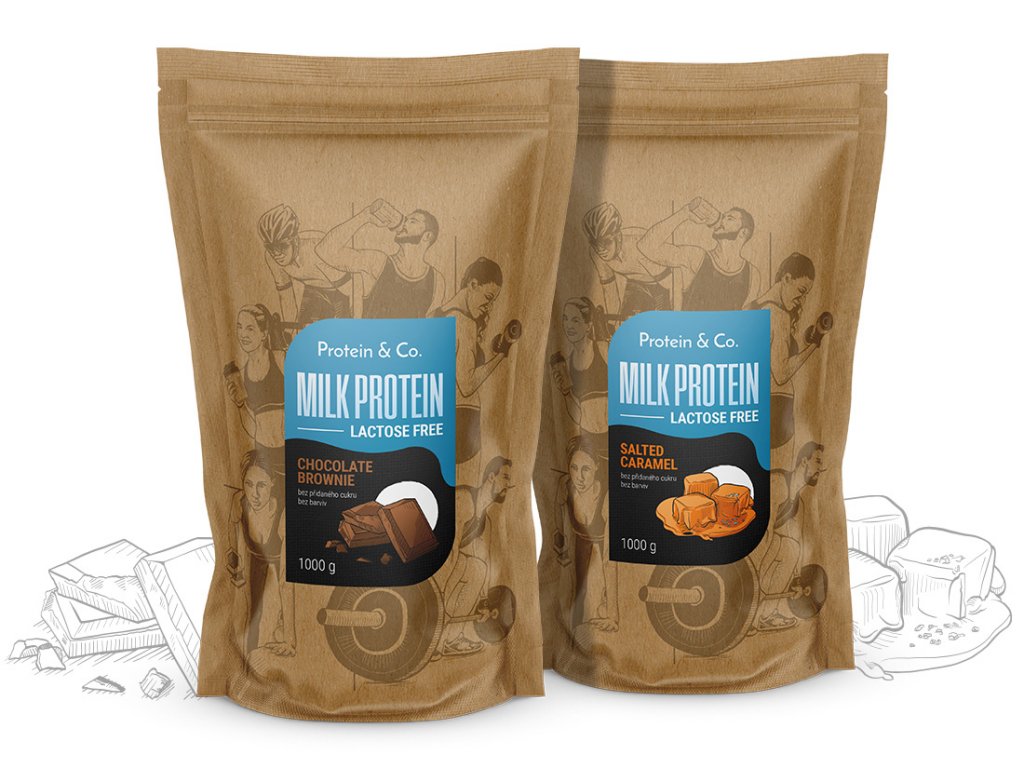 Protein & Co. MILK PROTEIN – bezlaktózový protein 1 kg + 1 kg za zvýhodněnou cenu Vyber si z těchto lahodných příchutí: Chocolate brownie, Vyber si z těchto lahodných příchutí: