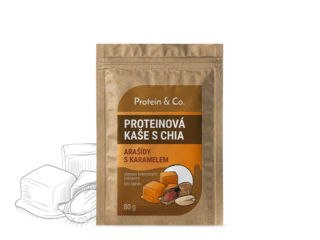 Protein&co. proteinová kaše s chia 80 g Vyber si z těchto lahodných příchutí: Arašídy s karamelem