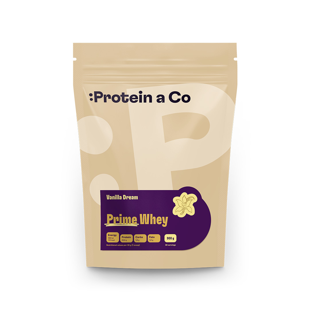 Protein a Co PRIME WHEY 900 g Vyber si z těchto lahodných příchutí: Vanilla dream