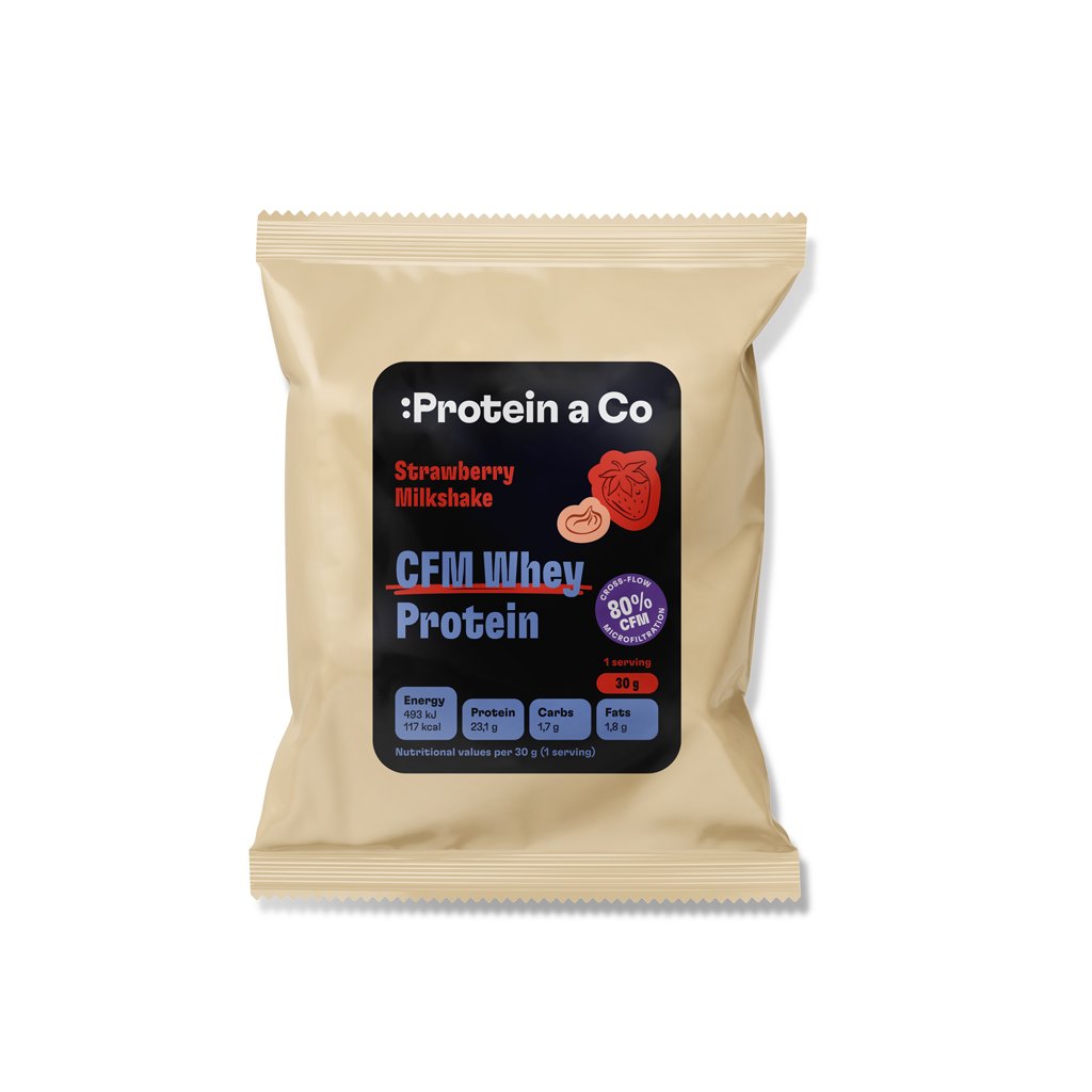 Protein a Co Akce CFM WHEY PROTEIN 80 – 1 porce 30 g – Strawberry milkshake