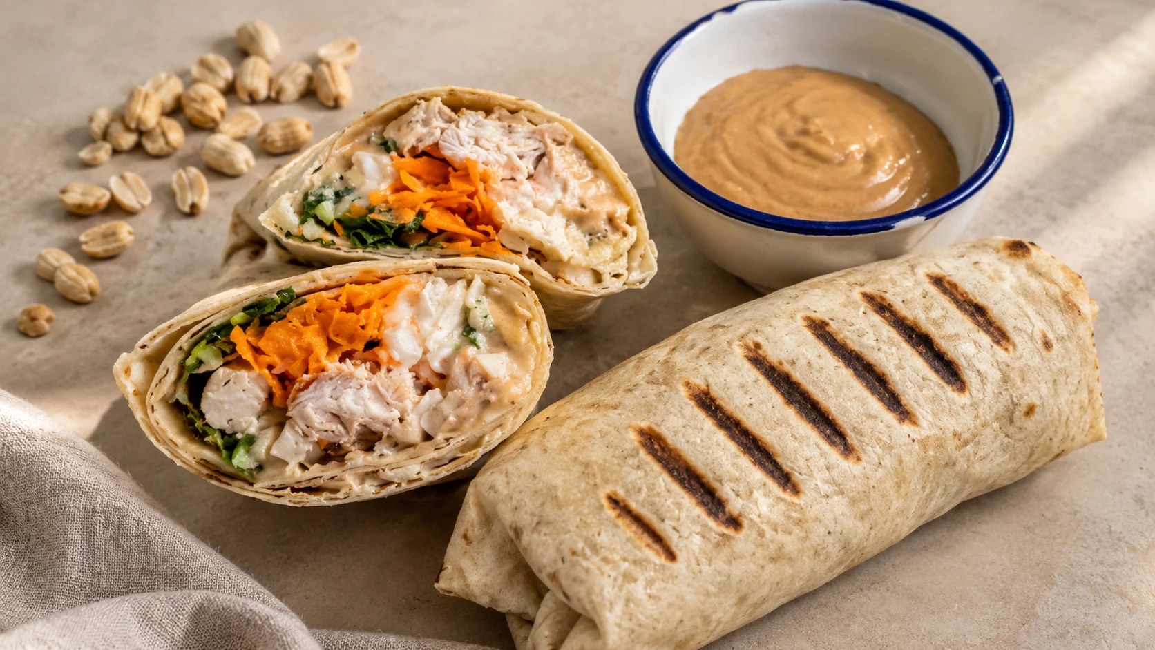Wrap s kuřecím masem a arašídovým dipem
