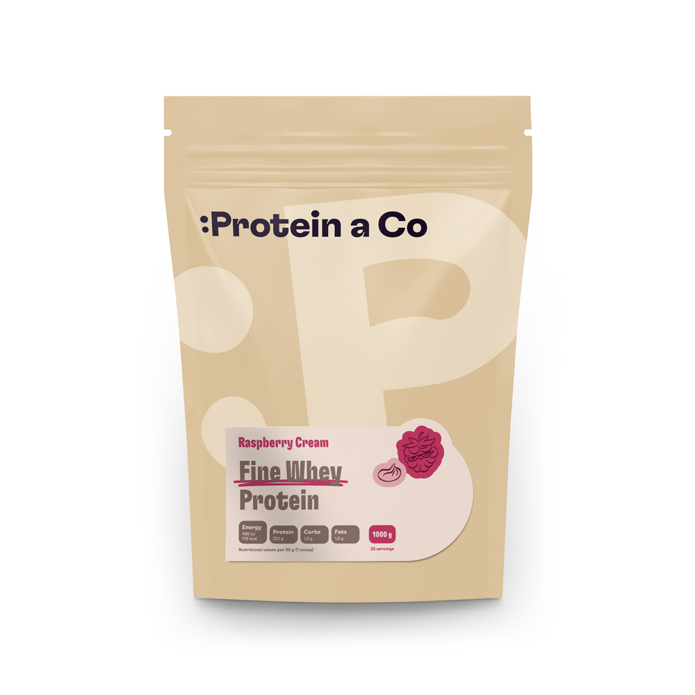 Protein&Co. FINE WHEY – přírodní protein slazený stévií 1 000 g Zvol příchuť: Raspberry cream