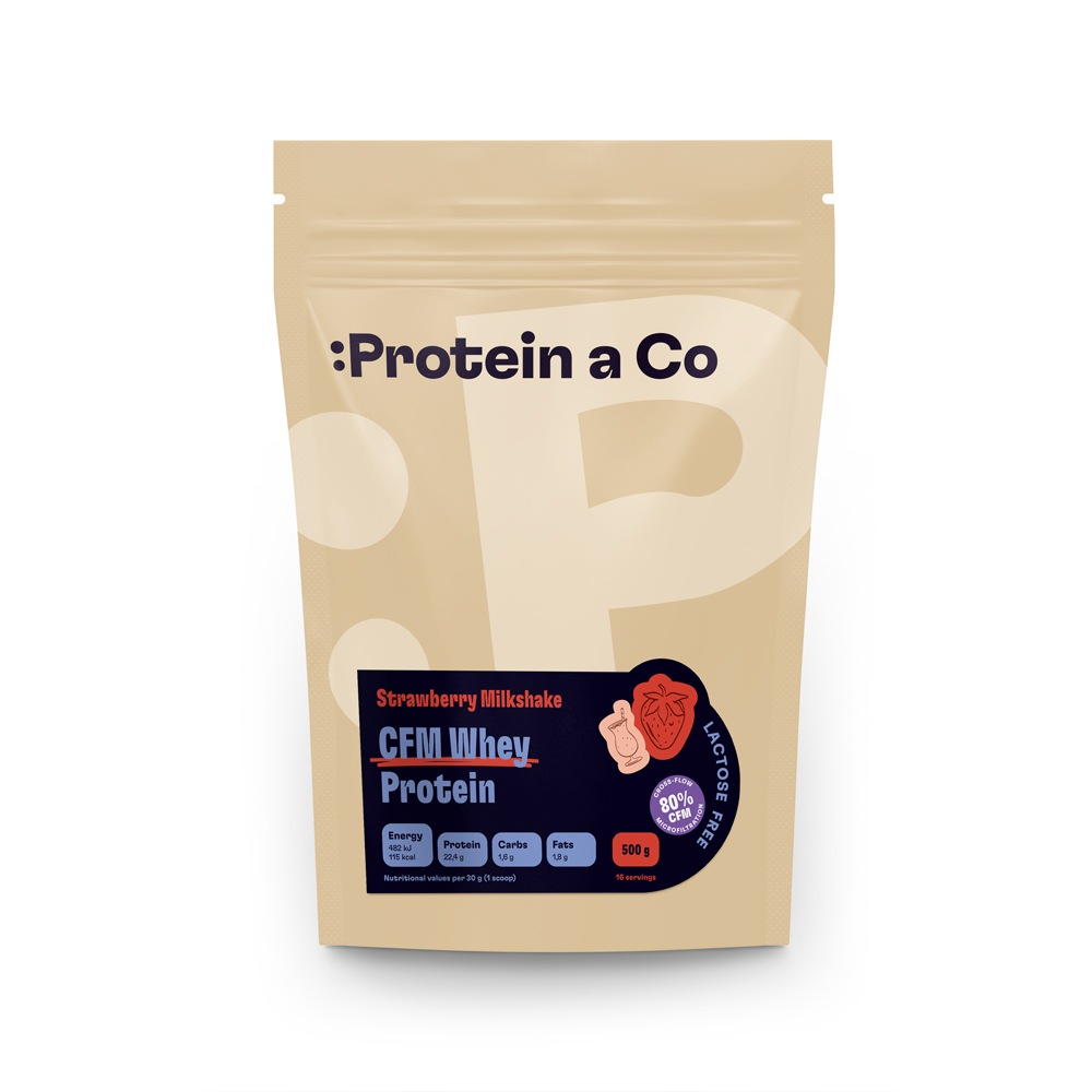 Protein & Co. Bezlaktózový CFM Whey Váha: 500g, Zvol příchuť: Strawberry milkshake