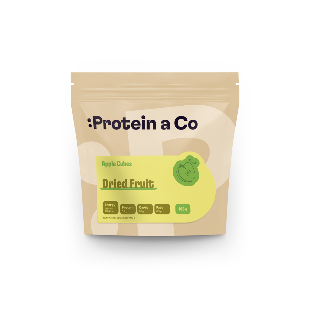 Protein & Co. Sušené jablčné kocky – nesírené Váha: 80 g Obrázek