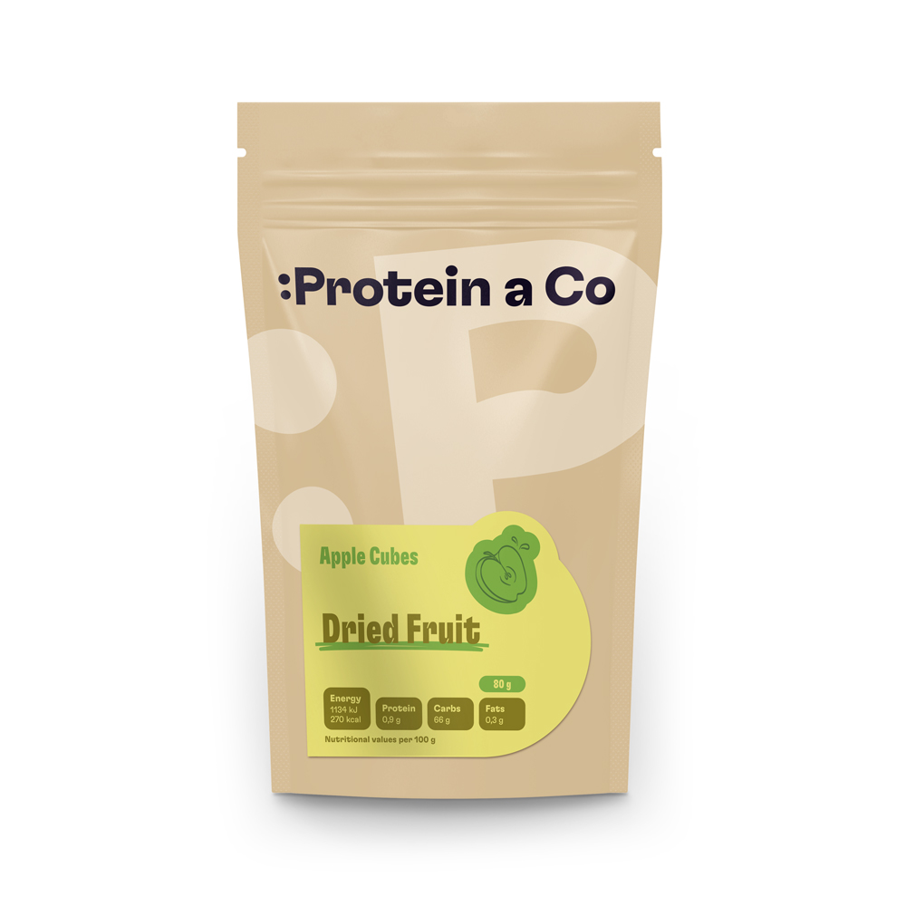 Protein & Co. Sušené jablčné kocky – nesírené Váha: 80 g Obrázek