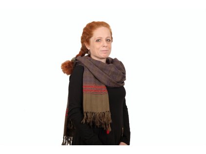 Szal wełniany Cambu zielony z niebieskimi paskami i pomarańczowym wzorem