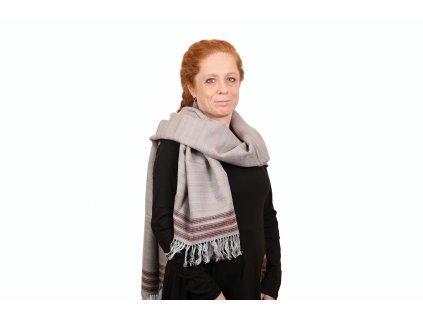 Szal wełniany Cambu beżowo - szary z czerwonym wzorem