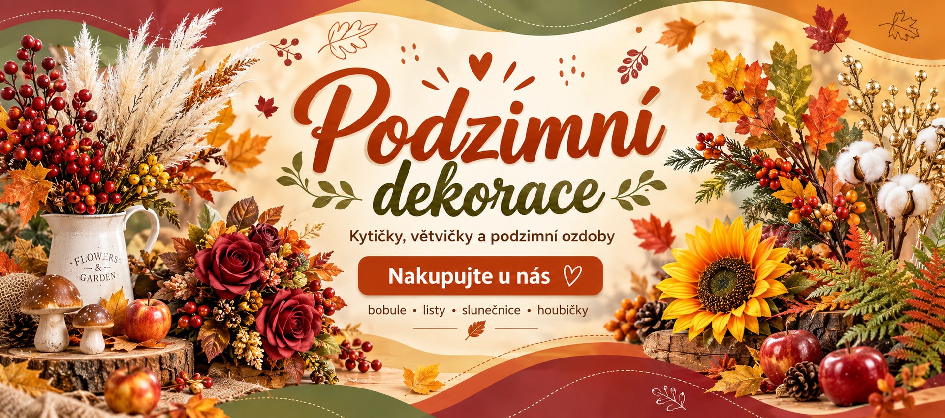 Podzimní dekorace, větvičky, bobule, listy, slunečnice a podzimní ozdoby