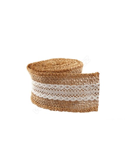 Stuha, juta s krajkou, NATURAL-BÍLÁ, 5cm x 3m/bal.