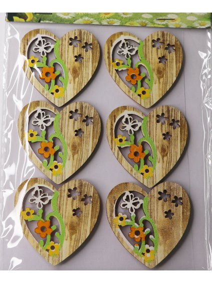 Dřev. samolep. dekorace, srdce, 38mm, 6ks/bal.