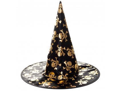 602417, Halloween klobouk, černý, zlaté lebky, 1ks
