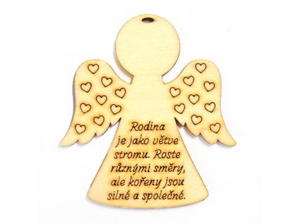 Dřevěné výřezy, anděl s nápisem, Rodina je jako..., 7.5 x 8 cm, 1ks