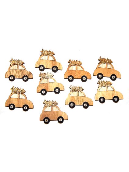 Dekorace samolepicí dřevěná autíčka, 3,5x4,5cm,  9 ks