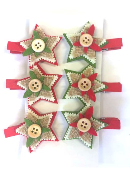 ht16a569, Dřev. kolíčky, 6ks, vánoční hvězda s knoflíčkem