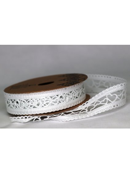 HY 2703, stuha ražená pevná srdce, 2,5 cm, délka cca 9,10 m, bílá
