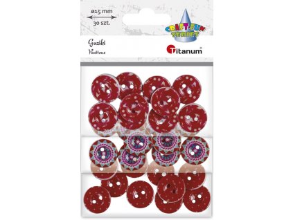 Knoflíky, plastové, červený mix, 3 vzory, 15mm, 30ksbal, (462540)