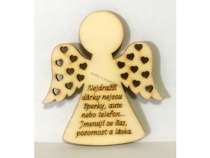 Dřevěné výřezy, anděl s nápisem, Nejdrašší dárky..., 7.5 x 8 cm, 1ks