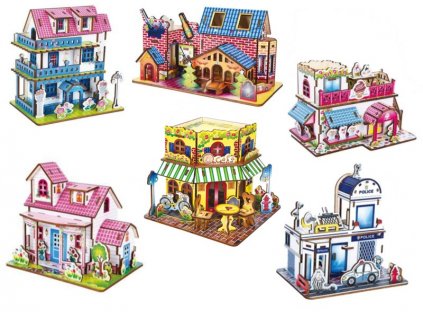 3D puzzle, dřevěné, model domu - mix motivů, 1ks
