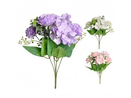 Svazek, umělé květy, kytice - růže + karafiát, mix barev, 32cm / 1 kus