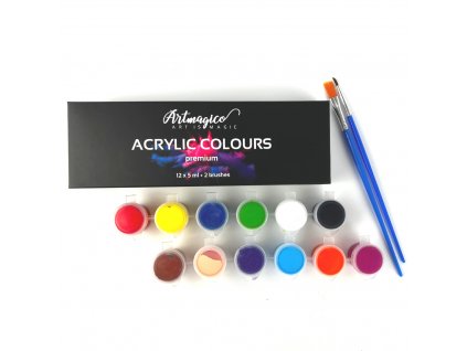 Akrylové barvy, mix barev, 5 ml x 12 ks + 2 štětce