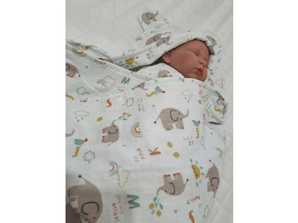 Osuška s kapucí mušelínová sloni s duhou