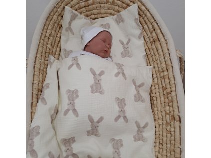 Mušelínová sada polštářek a peřinka Zajíčci