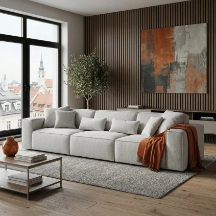 Create a photorealistic interior scene INPUTS 1x reference image of sofa on white background d 3c1c4e54 cbfc 41f9 aa7b 16eb753bcdb5