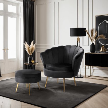Fotel GRAND z Podnóżkiem Czarny Welurowy (Farba čierna)