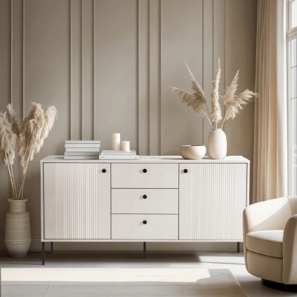 Komoda SOFT 154 cm Kaszmir Ryflowana Dwudrzwiowa z Szufladami (Farba biela)