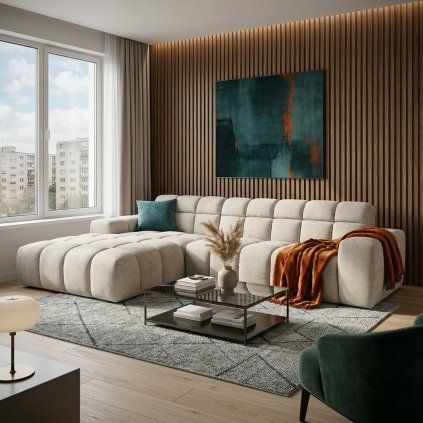 Create a photorealistic interior scene INPUTS 2x reference image of sofa on white background d bc683c22 0997 4cdf 9f21 9e1e537ee52f