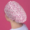 long hair surgical cap pink hearts over white
