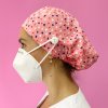 long hair surgical cap with buttons hearts in pink