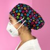 long hair surgical cap with buttons paw print