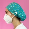 long hair surgical cap with buttons turquoise instrumental