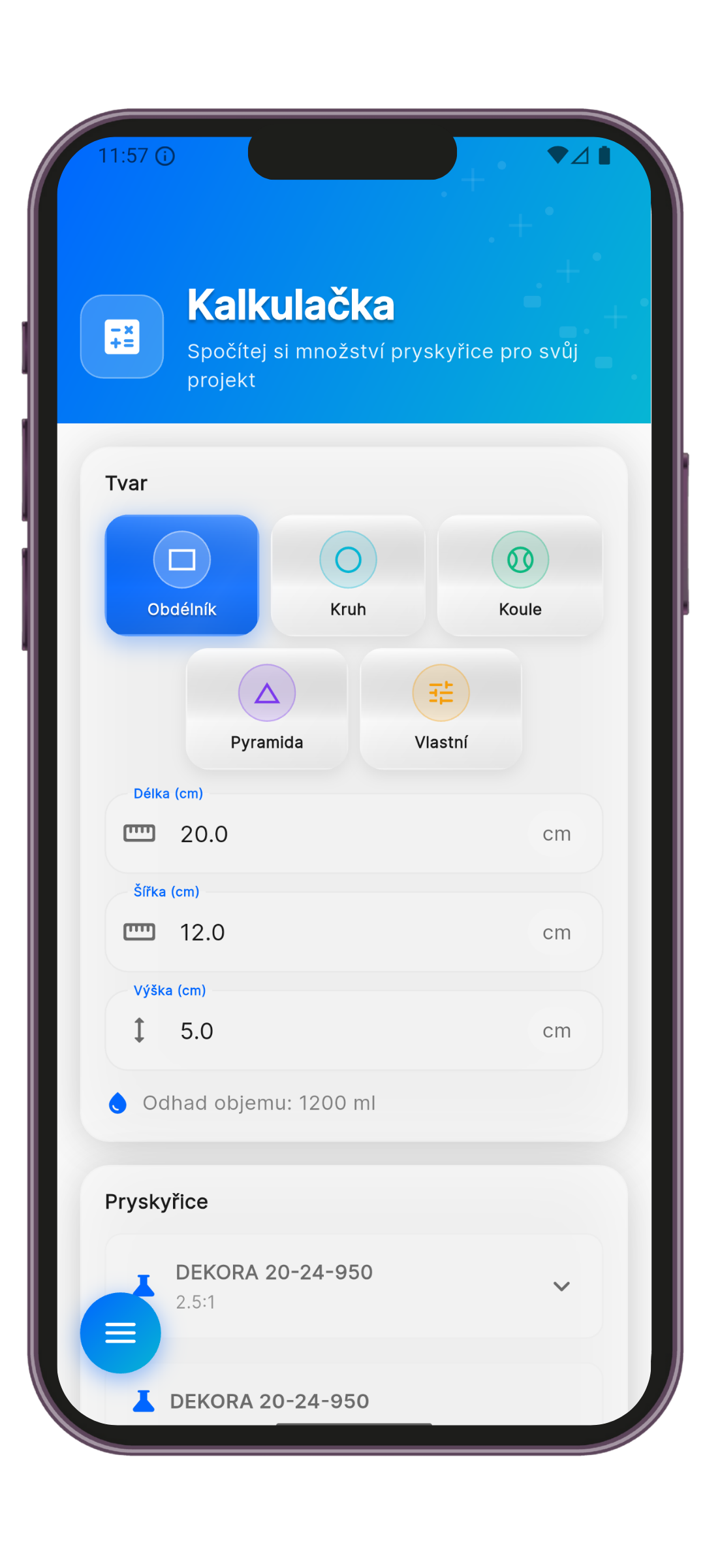 Screenshot aplikace Epoxy Planner