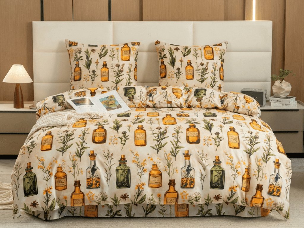 Povlečení z mikrovlákna APOTHECARY krémové s vintage lahvičkami
