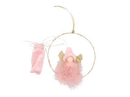LED růžový andílek FLUFFY v zlatém kruhu o průměru 17 cm, napájený na 2 AA baterie. Krásná vánoční dekorace pro dětský pokoj.